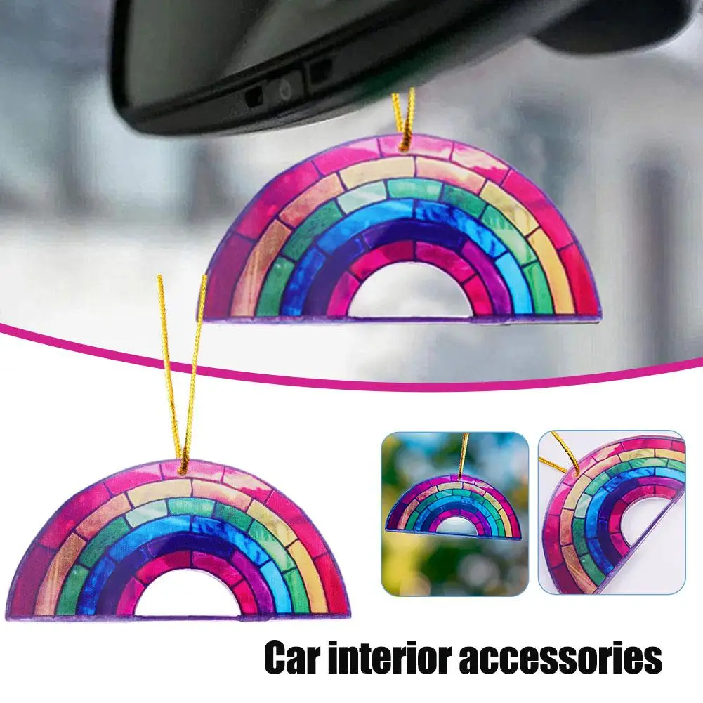 Rainbow Color Acrylic Sheet Sunscreen Car Pendant Rearview Accessory Decoration Interior Cars Mirror Hanging Ornament Autom X3J4