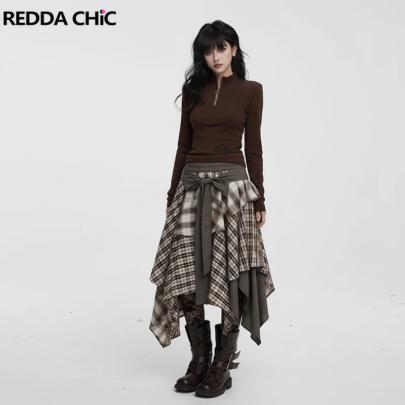 

REDDACHiC женская длинная юбка в клетку с узлом в стиле пэчворк, с рюшами, струящаяся эластичная талия, асимметричная многоуровневая юбка, винтажная уличная одежда в стиле гранж