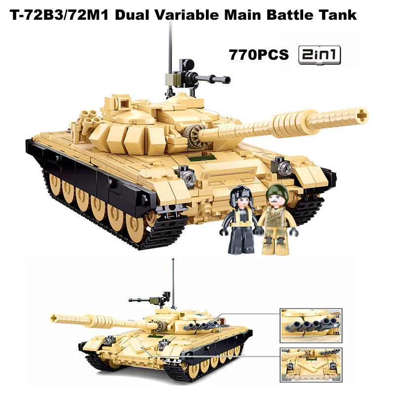 WW2 Military 770 PCS ARMY T-72B3 Dual Variable Main Battle Tank MBT Building Blocks Soldiers Army Weapon DIY Bricks Kids Toys