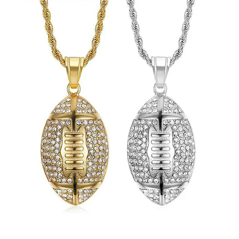 Hip Hop Rhinestone Paved Bling Iced Out Stainless Steel Soccer Football Pendant Necklace for Men Jewelry Drop Shipping