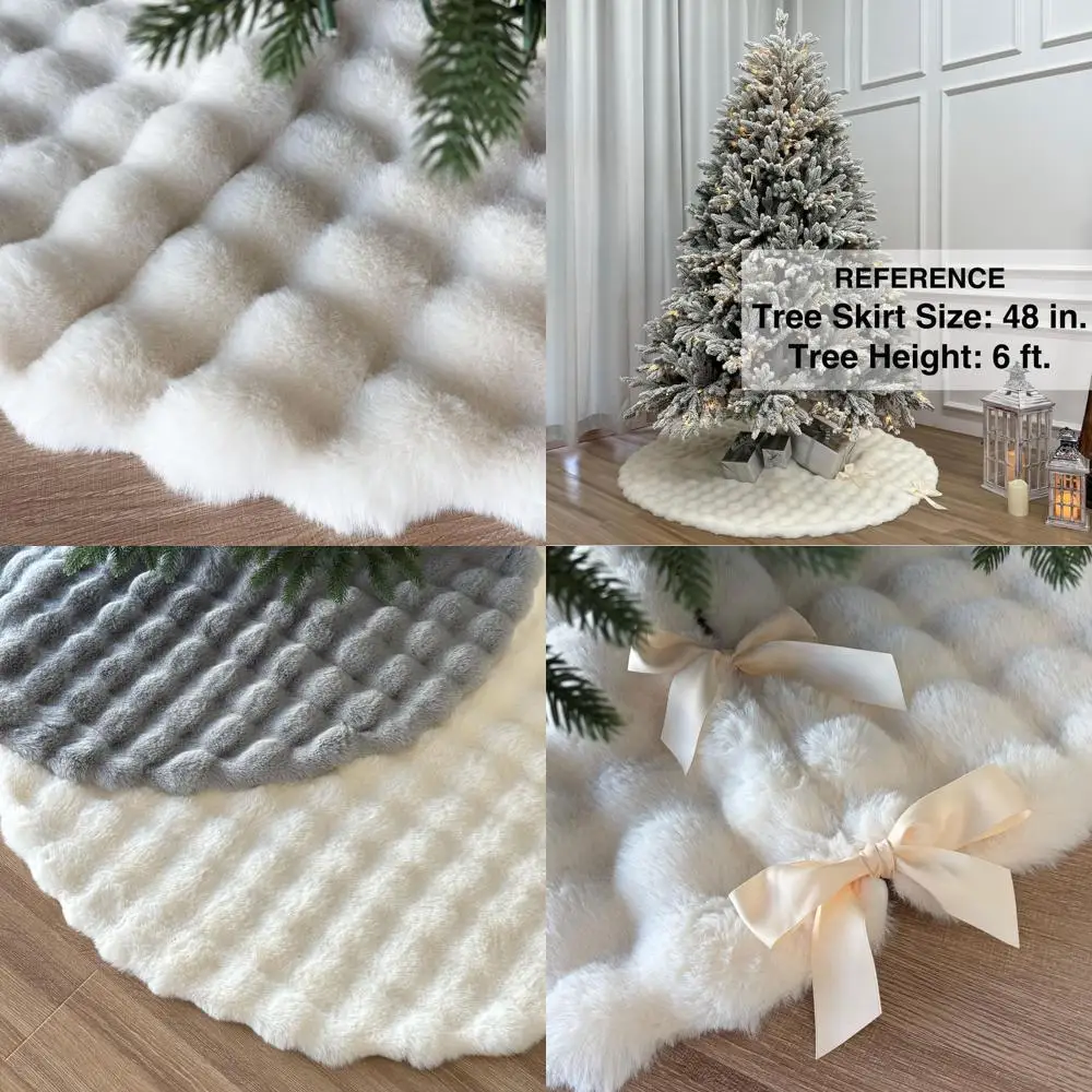 

Plush Cream 48-Inch Faux Fur Christmas Tree Skirt with Satin Ribbon Ties and Tufted Texture