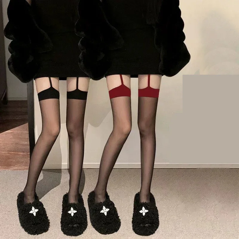 

1/2 Pairs Women Suspender Black Silk Red Border Stockings Fashionable Spring Summer Jk Thin Color Blocked Long Knee High Socks