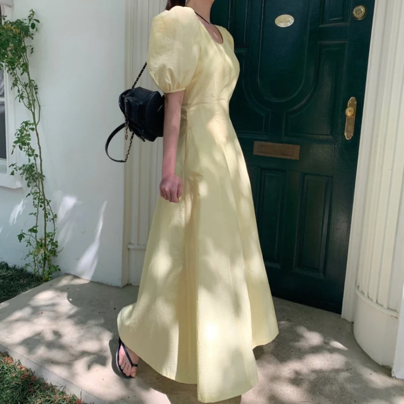 REALEFT الصيف نفخة الأكمام المرأة ألف خط فساتين طويلة 2025 جديد س الرقبة عالية الخصر النمط الفرنسي خمر فستان أبيض للنساء #4