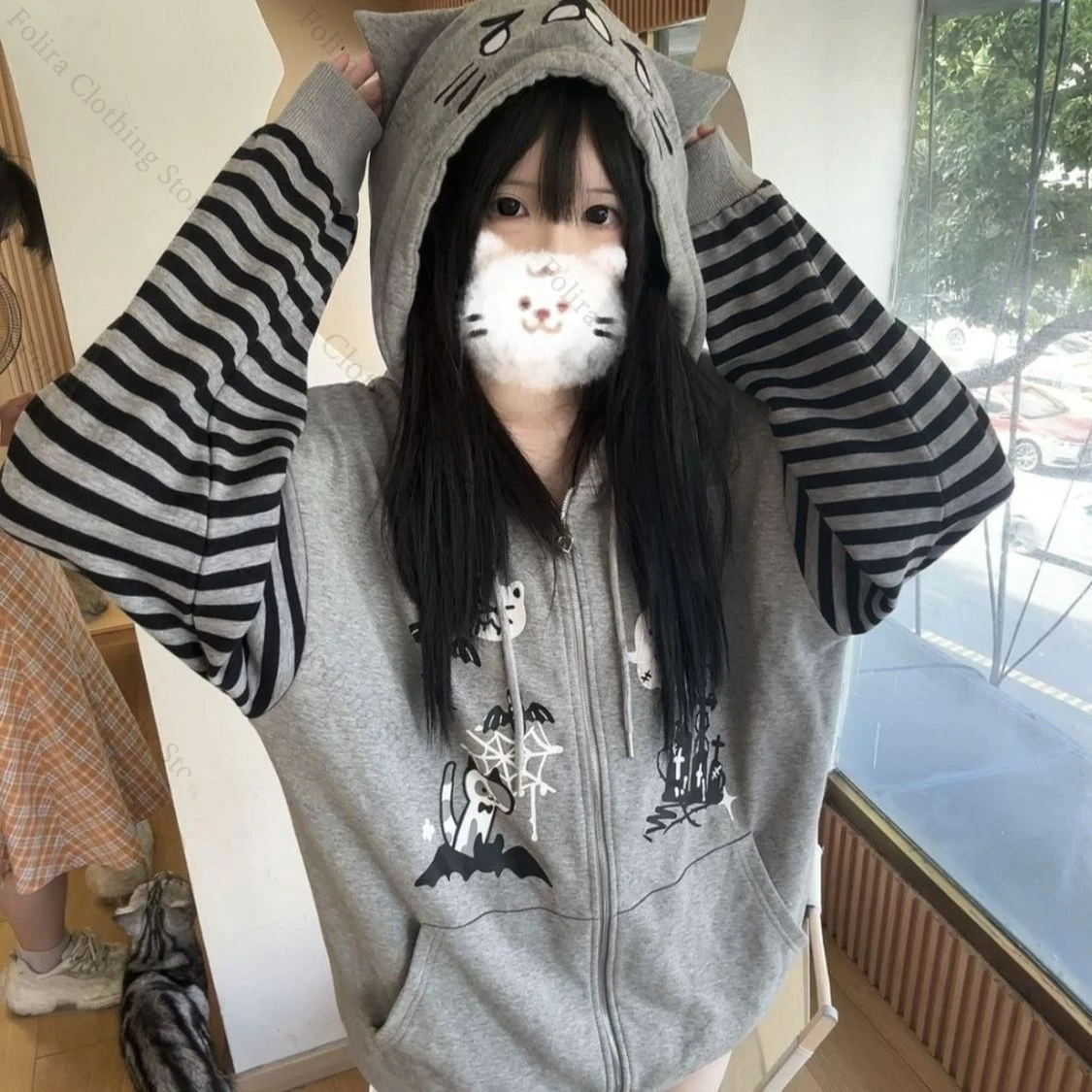 Y2k roupas listradas com capuz zip up hoodie roupas femininas manga longa outono topos kawaii impressão moletom com capuz zip-up casaco