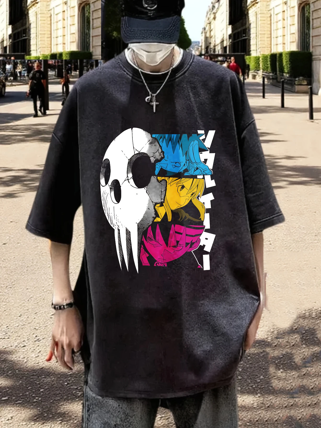 

Винтажная футболка большого размера с рисунком Y2K аниме Soul Eater, уличная одежда в стиле хип-хоп, хлопковая футболка с рисунком черепа, художественный топ