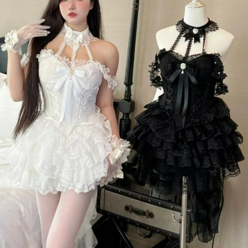 Японское викторианское милое платье Лолиты для женщин Harajuku Y2k с бантом и кружевом с лямкой на шее Вечерние мини-платья Kawaii Black Red Deess