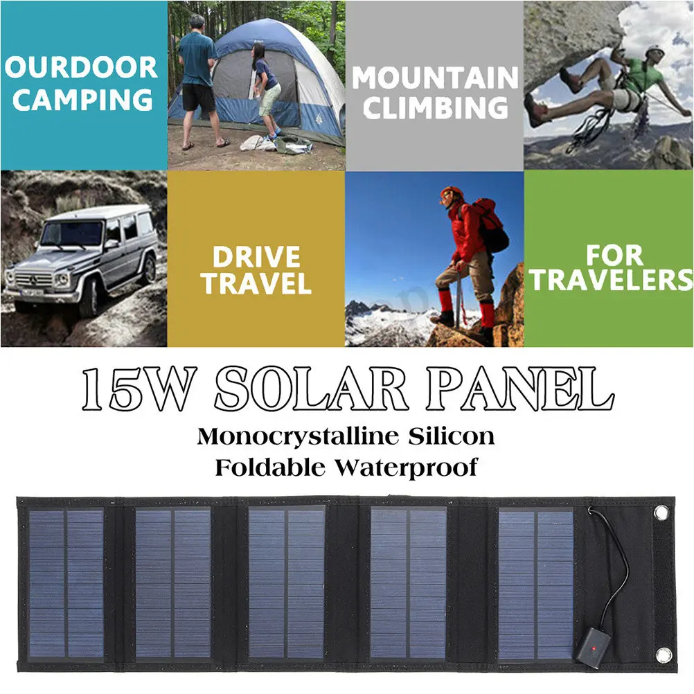 1Set 15W 6V Portable Solar Panel Charger Foldable USB Dc Output for Outdoor Camping Hiking Emergency Rain Resistant