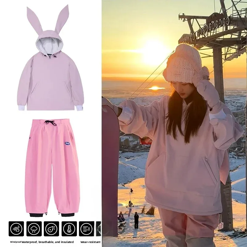 Winter Waterproof Ski Suit Set for Men And Women Outdoor Fleece Lined Single And Double Board Ski Clothes Rabbit Ear Design