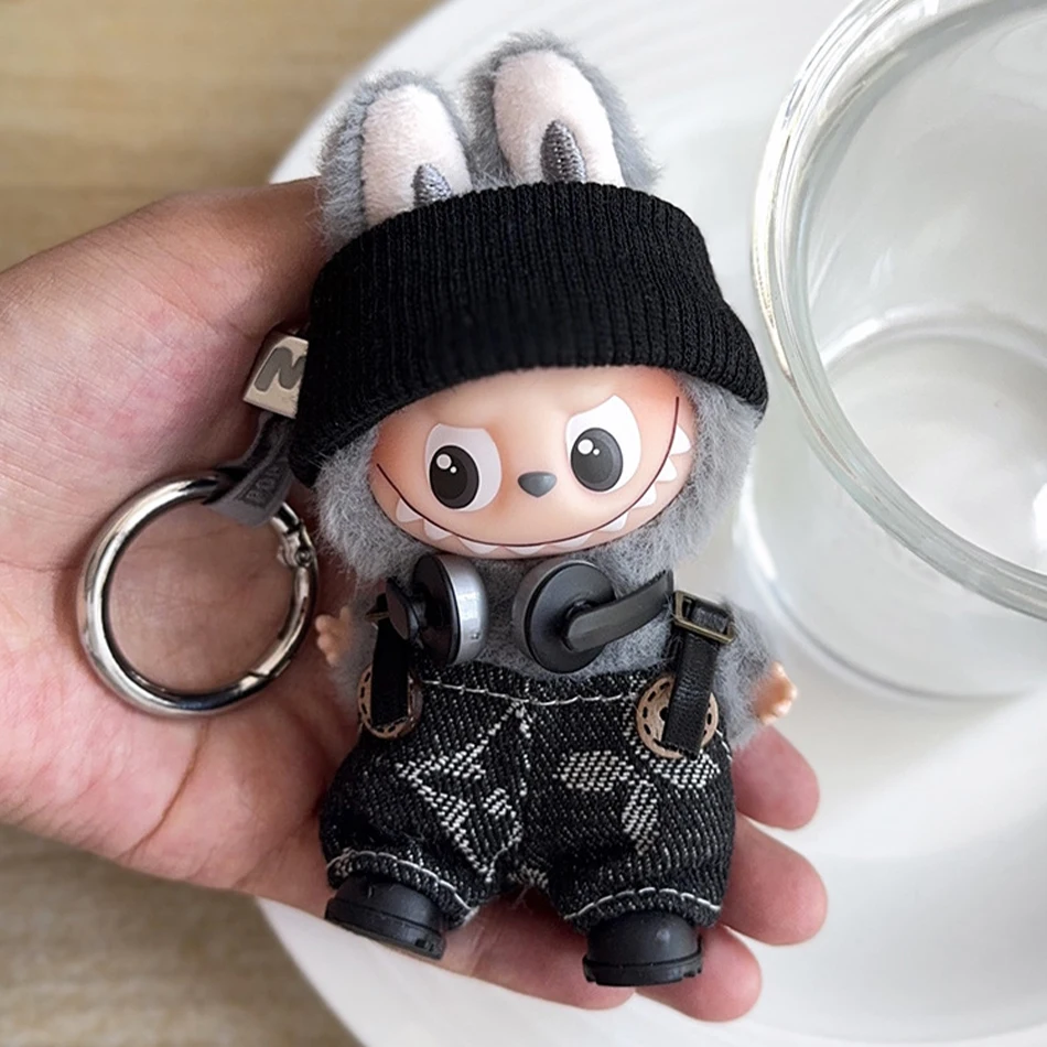 Salopette à bretelles noire pour Mini Labubu, bandeau V4, accessoires de poupée en peluche, porte-clés d'extérieur, jolie tenue, jouet, cadeaux
