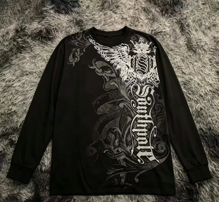 Gothic wing pattern long sleeved T-shirt polyester fiber round neck loose T-shirt street wear casual top unisex - view 3
