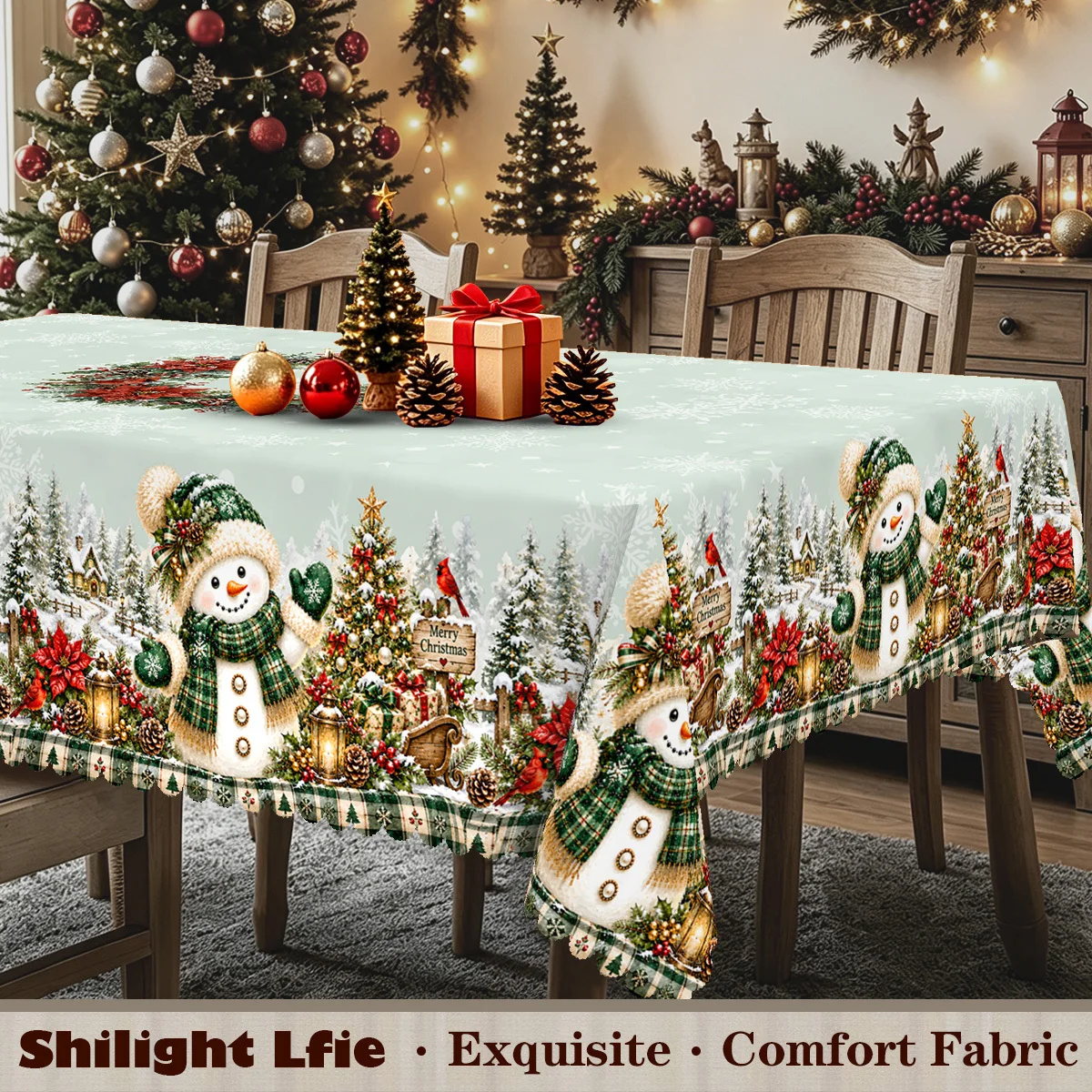Pack of 1, Christmas green tablecloth, snowman cuckold, scarf, Christmas tree, snow scene, snowflake, red cardinal