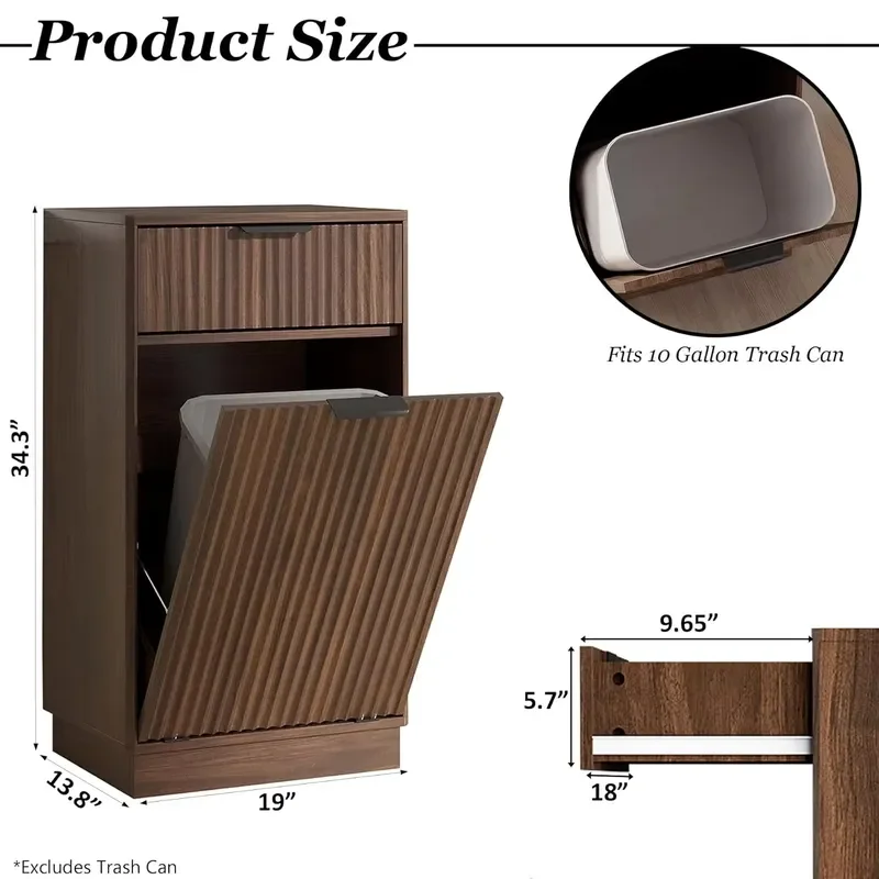 10 Gallon Tilt Trash Can Cabinet Fluted Tilt Laundry Hamper Cabinet Drawer Particle Board Pet-Proof Sturdy Kitchen Living