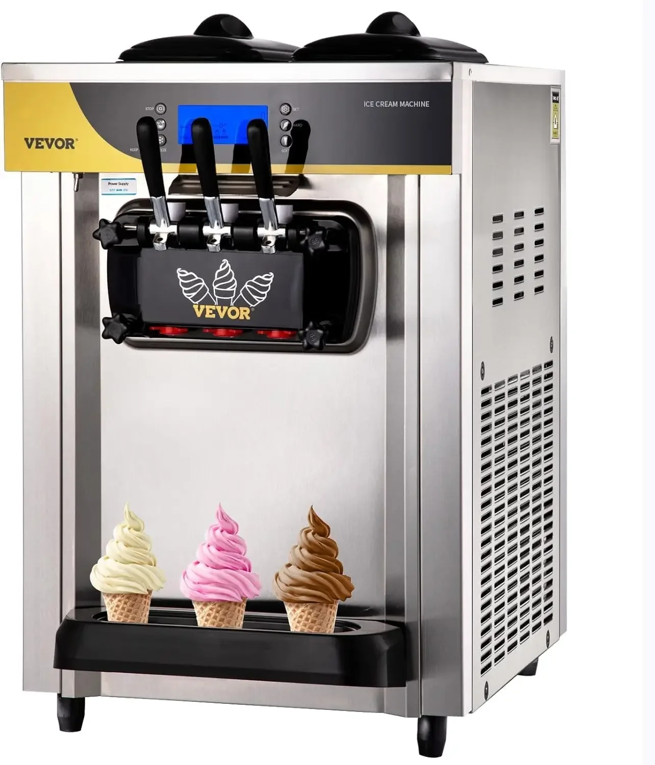 

Commercial Ice Cream Maker, 22-30L/H Yield, 2200W Countertop Soft Serve Machine with 2x6L Hopper 2L Cylinder LCD Panel Puffing