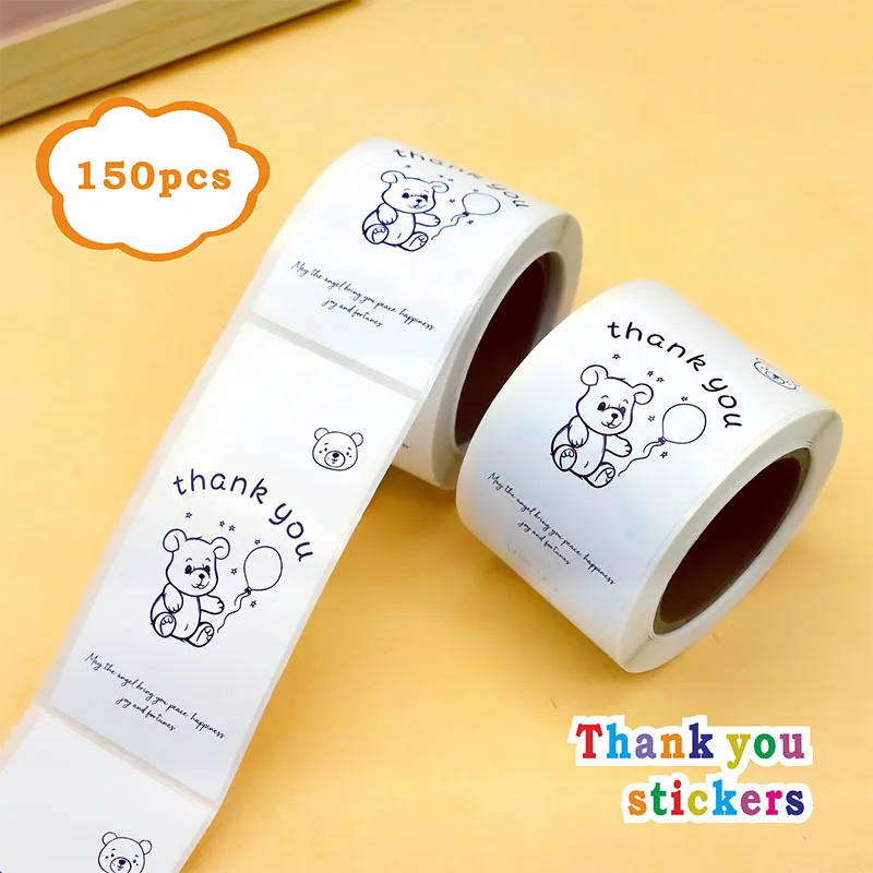 150pcs Rectangle Adhesive Label Thank You Roll Stickers Cartoon Dog Bear Kawaii Gift Decorative Packaging Seal Business Paper
