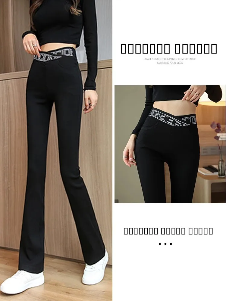 

Женские леггинсы с высокой талией на резинке, облегающие, черные, с легким клешем, удлиненные, для весны и осени, новинка