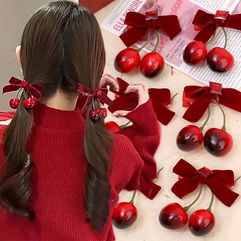 Christmas Festive Premium Feel Cherry Red Bow Velvet Elegant Hair Clip Kawaii Versatile Hairpin Sweet Cool Girl Hair Accessories