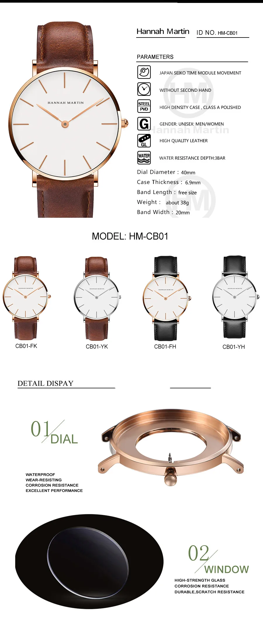 Hannah Martin Hochwertige Herrenuhr Mode Japan Quarz Armbanduhren Silber Braun Leder Quarzwerk Wasserdichte Uhr – Detail 8