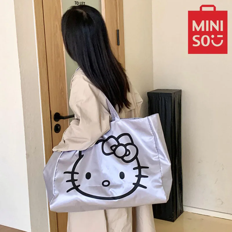 MINISO Hello Kitty Cartoon Printed Shoulder Bag Fashion Casual Large Capacity Tote Bag Travel Backpack Student Handbag