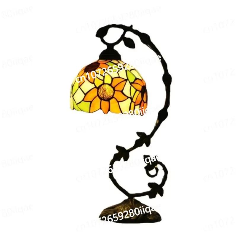 8inch 20cm Metal Leaf Bedside Stained Blue Purple Desk Baroque Table Lamp Vintage Hotel Reading Desk Night Light