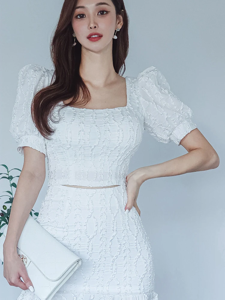 New Korean Summer Sexy 2 Piece Outfits Women Retro Puff Sleeve Short Cropped Tops Shirt Blouse High Waist Mini Skirt Mujer Set