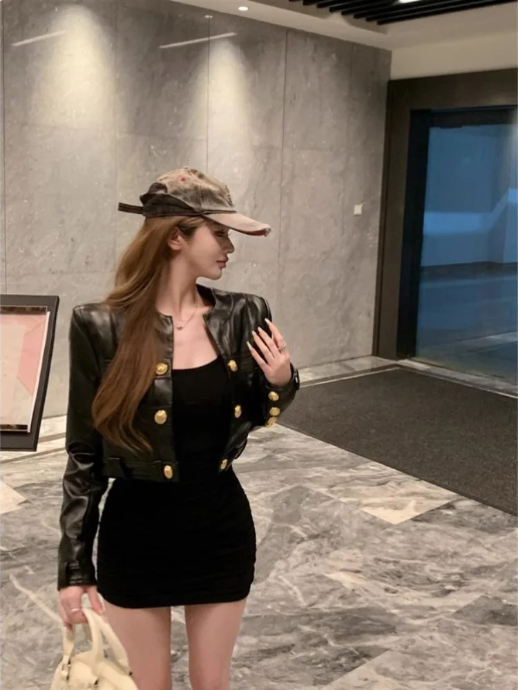 Ele ort Bla Leather Jaet Women's Loose Long Sve Top Casual Sle Autumn Cardigan Faionable Commute Wear