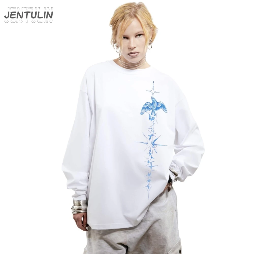 Men's Tshirt Streetwear Bright Side Oversize Print Autumn Hip Hop Korean Long Sleeve Y2k Tops Tee Cotton Graphic Unisex Clothing image 6