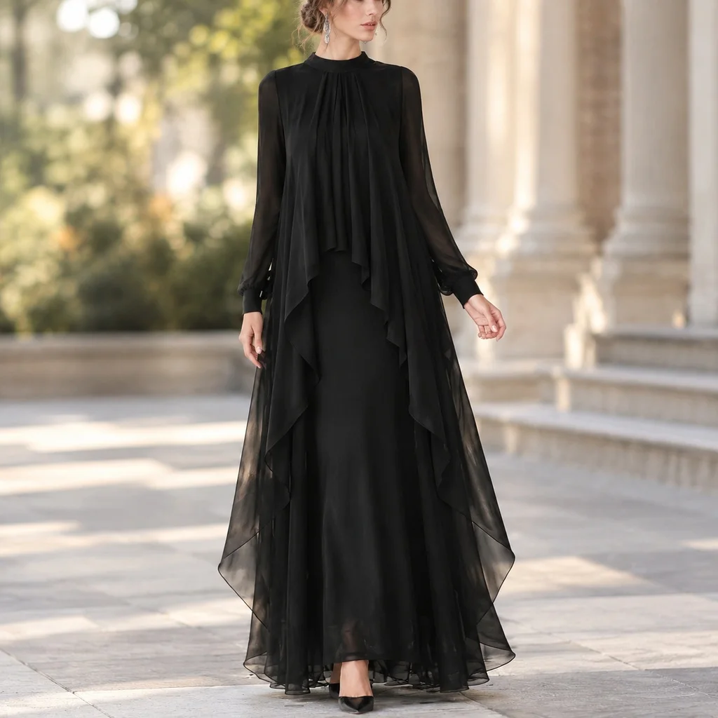 Long Sleeve Ruffle Gown Maxi Length Urban Street with Party Dresses Individualistic Pleated Dress Regular Sleeve Daily for Women
