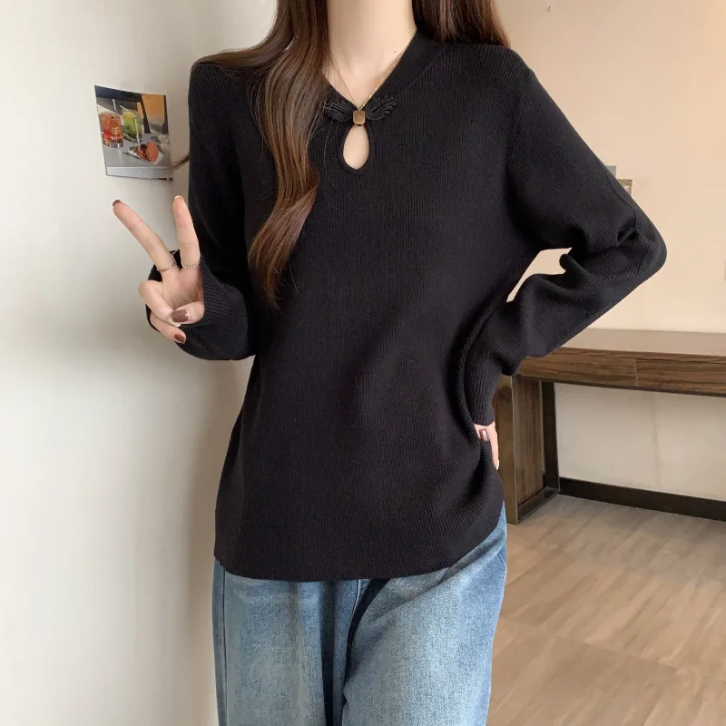 

Thickened Pit Strips Chinese Style Long-sleeved Top for Women Autumn Winter New Loose Warm Bottoming Shirt