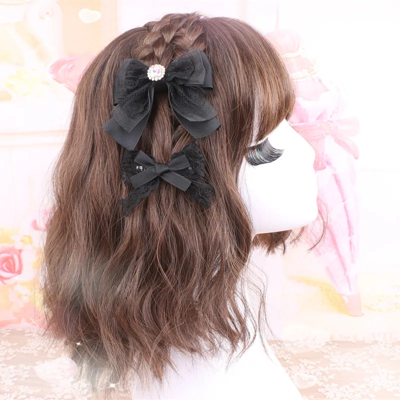 Japanese Style Sweet Soft Girl Side Clips Lace Edge Rhinestone Bow 3 Layers Barrettes Cute Hairwear Handmade Hair Accessories