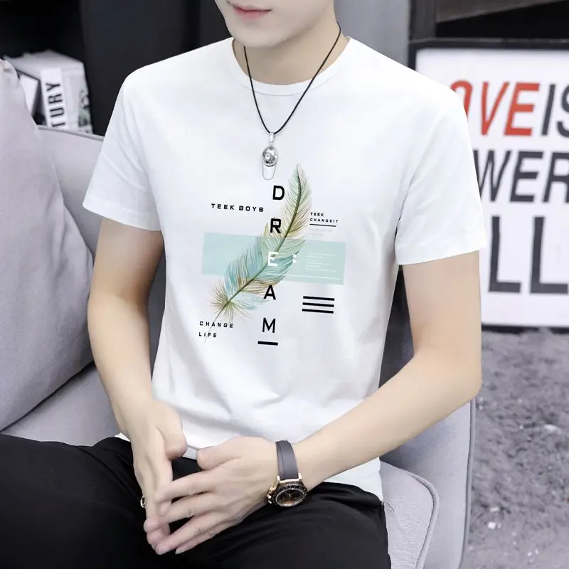 

Футболка из ледяного шелка ort Sve, мужская облегающая повседневная молодежная летняя новинка, круглый белый топ с буквенным/номером и текстом