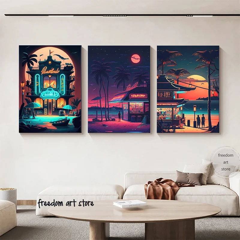 Neon Fantasy Style Pink Beach Grill Beach Moon Bar Landscape Art Poster Canvas Painting Wall Prints Picture for Room Home Decor