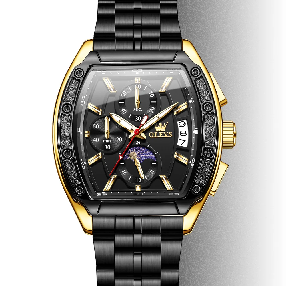 

OLEVS черный стальной хронограф мужские кварцевые часы роскошные спортивные водонепроницаемые светящиеся мужские наручные часы из нержавеющей стали мужские часы
