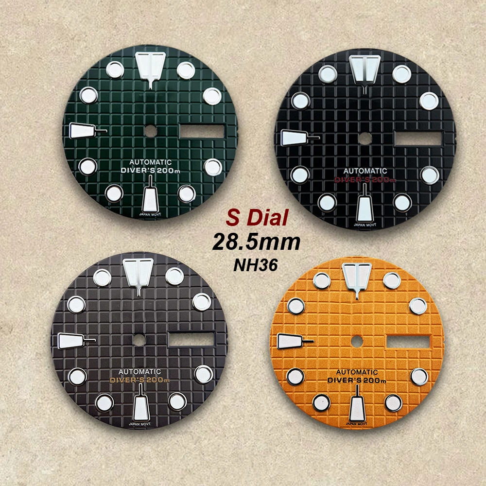 

28.5mm S Logo Waffle Dial Suitable NH36 /4R36 Automatic Movement Green Luminous Dual Calendar Watch Modification Accessories