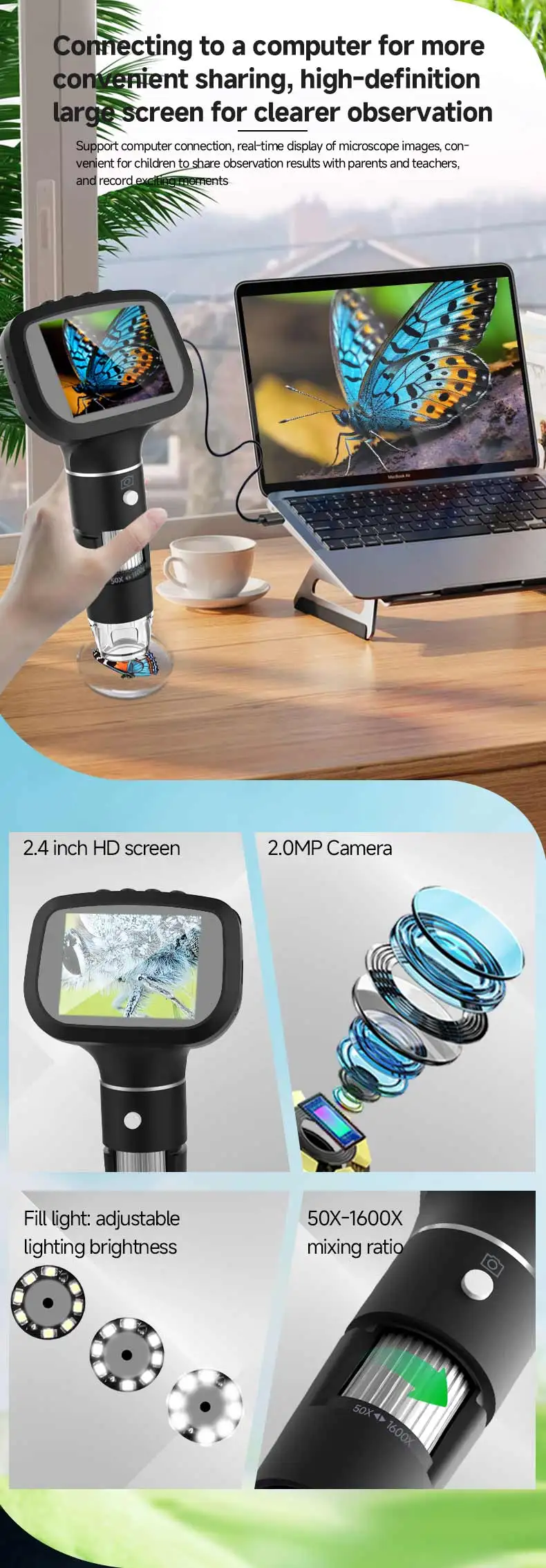 Dodosee 2.4 Inch Digital Microscope 1600X 1080P 8 Lights Handheld Kids Microscopes Supports Photo Video Magnifier Tools for Coin