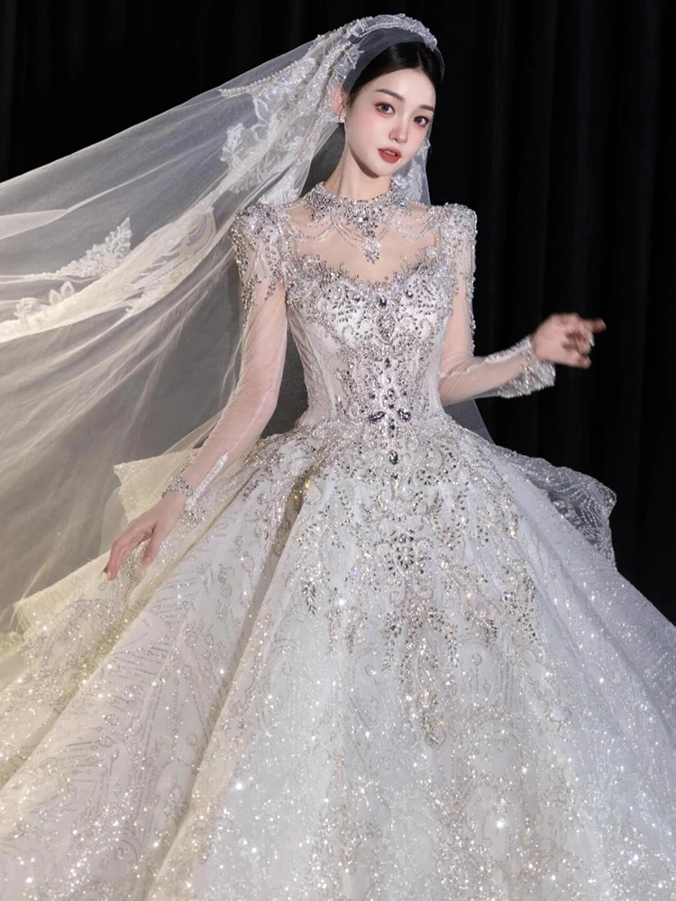 Ruiente-Robe de Mariée à Col Haut, Tenue de Bal de Luxe, Grande Taille, 2024
