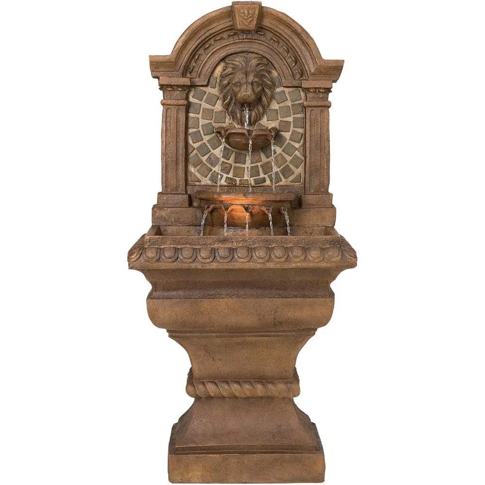 Royal Lions Head Mediterranean Outdoor 3 Tiered Wall Water Fountain 51