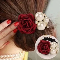 Gomas para el pelo con flores rosas grandes, cuerda elástica con diamantes de imitación y perlas, accesorios para el cabello, 1 unidad