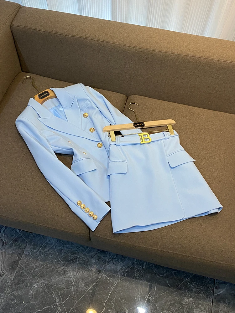 

Двубортный костюм-тройка с поясом и юбкой, модный комплект из двух предметов, женская одежда Independent Station Sle для поездок на работу