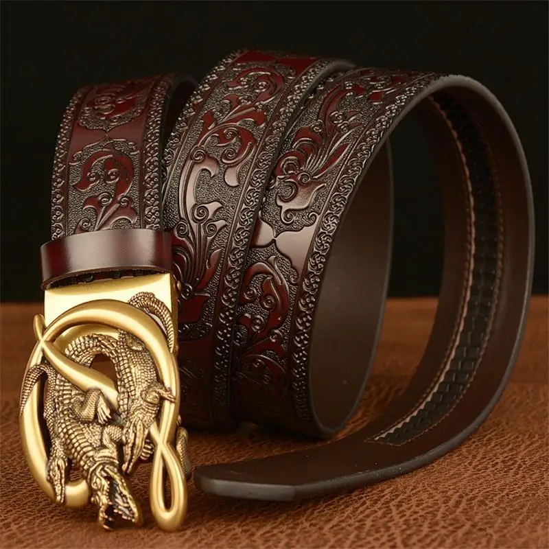 BOKADIAO Men Genuine Leather Belt Luxury Gold Crocodile Metal Automatic Buckle Cowhide Belts for Men Jeans Waistband Male Strap