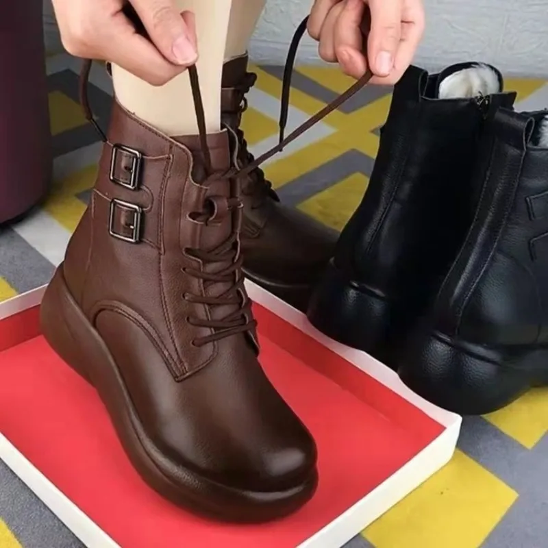 Luksusowe damskie botki Nowe skórzane botki do kostki Designerskie buty damskie na platformie Retro damskie buty codzienne Botki Chelsea Botas Mujer