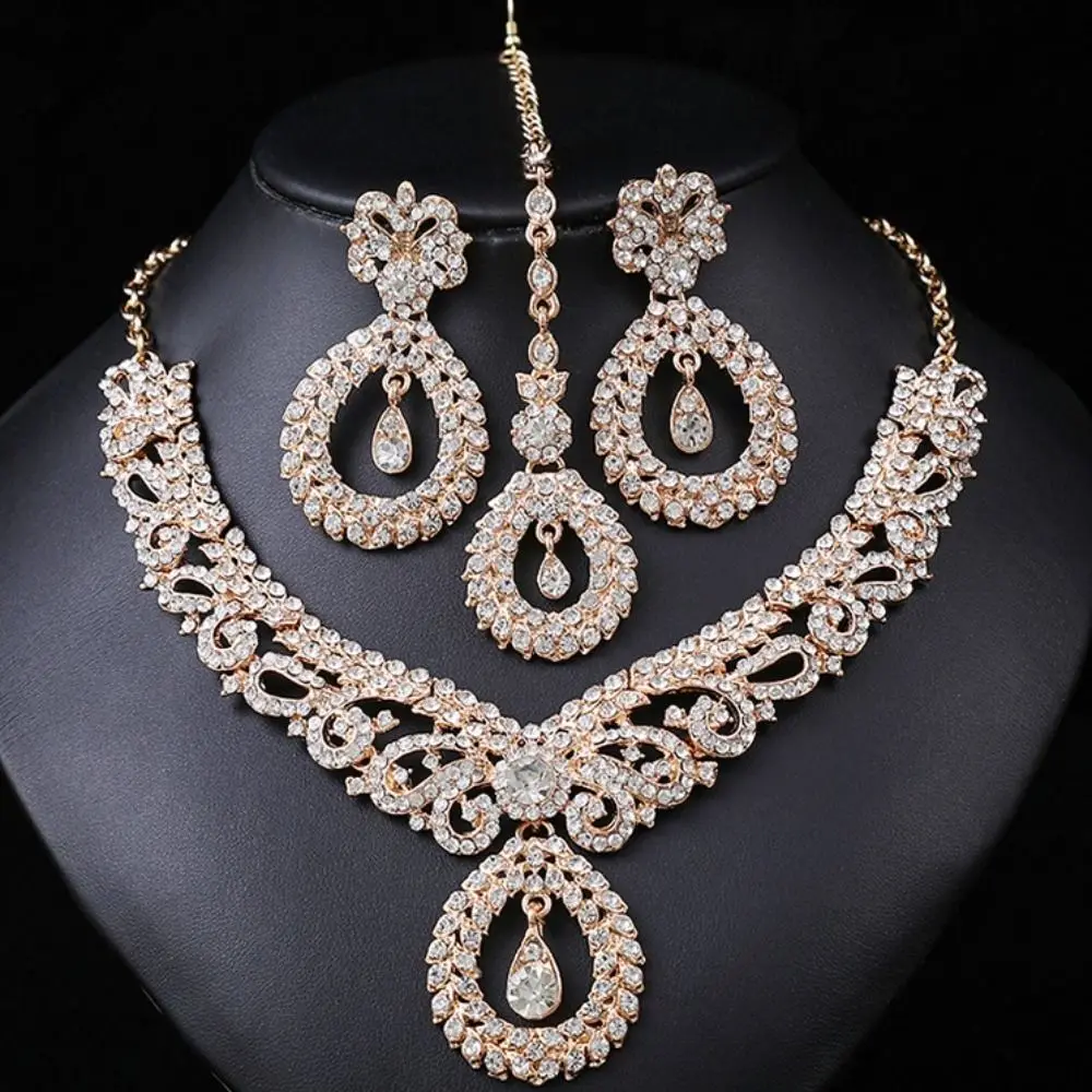 

3Pcs Fashion Crystal Jewelry Set Wedding Luxury Necklaces Earrings Set Headdress Forehead Chain Rhinestone Choker Set Bridal