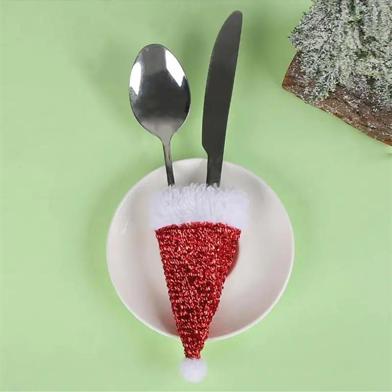 Merry Christmas Decoration 2024 Christmas Tableware Bag Holder Christmas Hat Fork Knife Cutlery Bag Christmas Ornament Decor