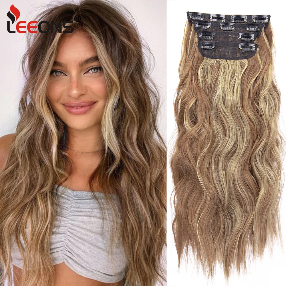 

Gorgeous Thick Blonde Brown Synthetic Hair Extensions Synthetic Clip In Hair Heat Resistant Hair Fiber 4Pcs Charming 20Inch Hair