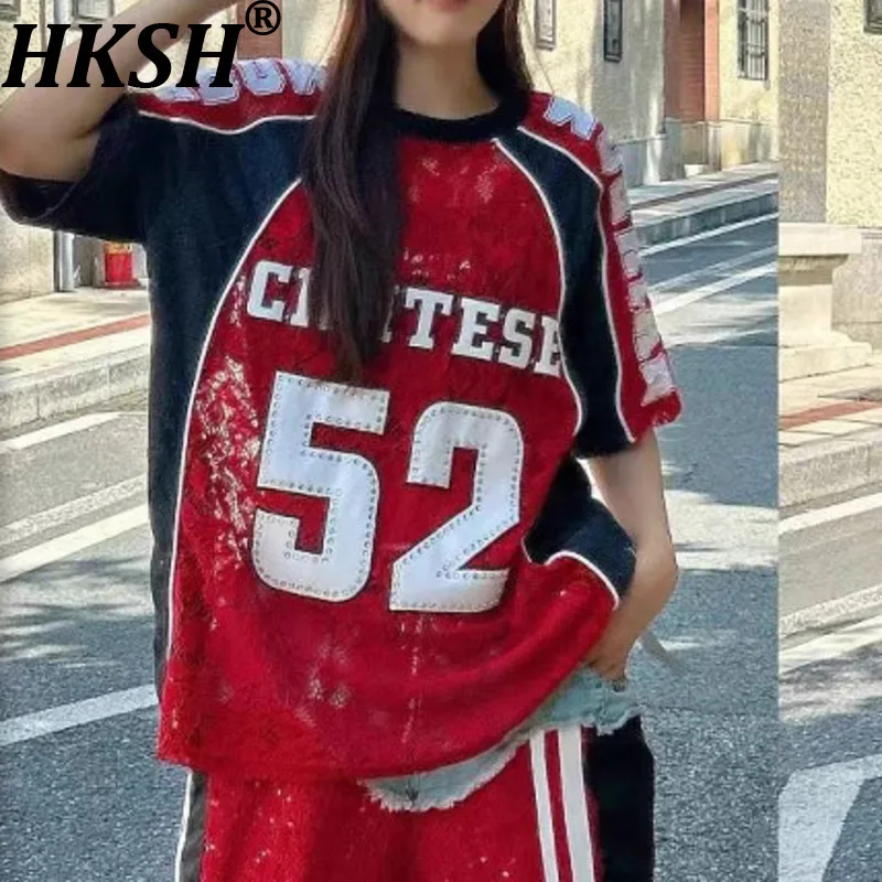 

HKSH Summer New Women European Style Lace Heavy Embroidery Numbers Letters T-Shirt Tide Streetwear Color Block Trend Tops HK9422