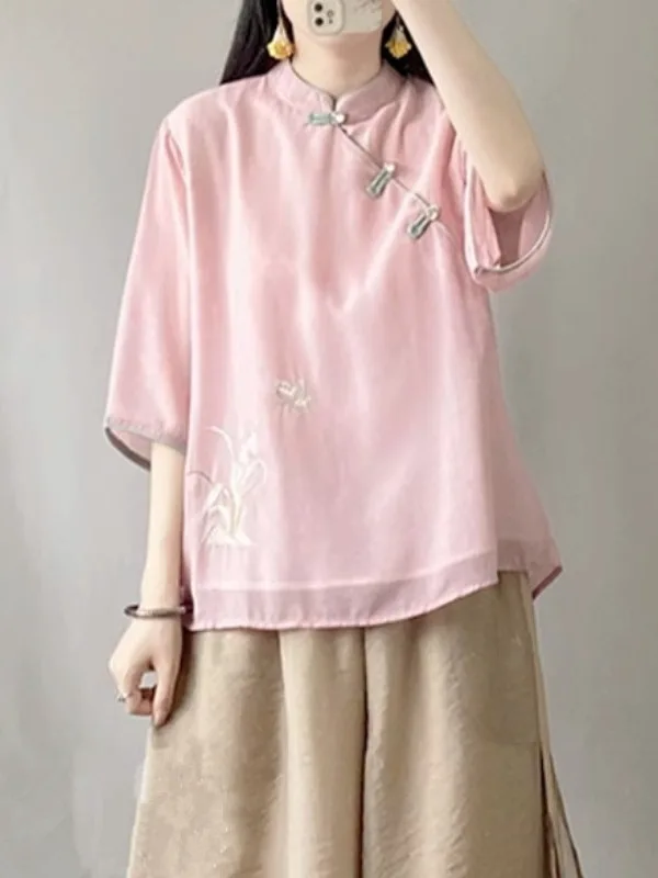Ele chinois Sle brodé lin irt femmes été Faion Unique beau coton lin boutonné haut
