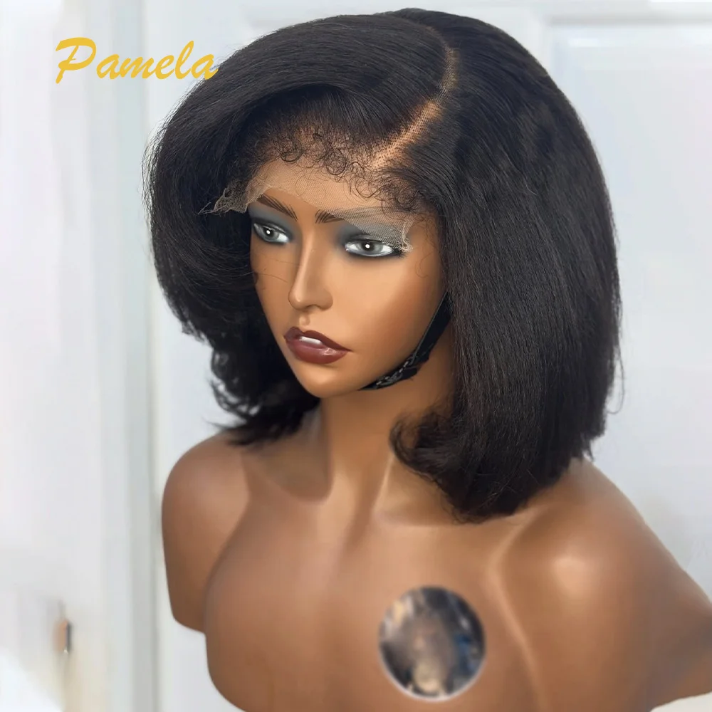 

4C Hairline Kinky Straight Short Bob Wig 4x4 Glueless Lace Human Hair Wig Transparent Lace Wig Pre-Bleached Knots For Woman