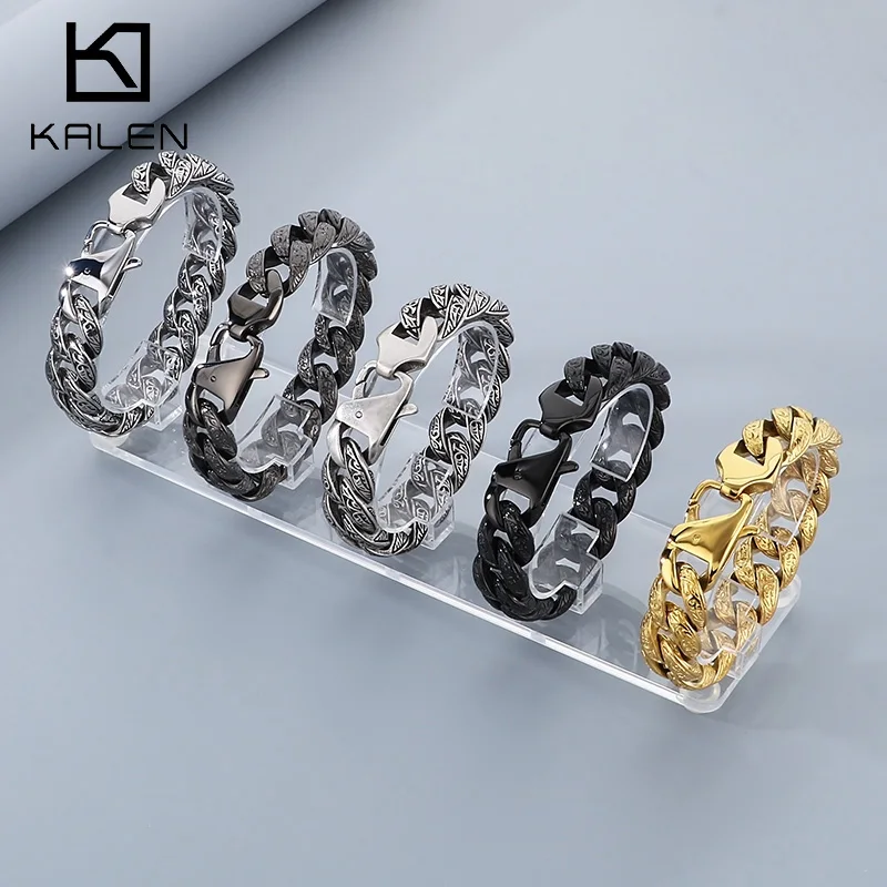 KALEN Punk Stainless Steel Link Chain Bracelet for Men Mysterious Symbol Charm Pulseira Masculina Heavy Chunky Armband Jewelry