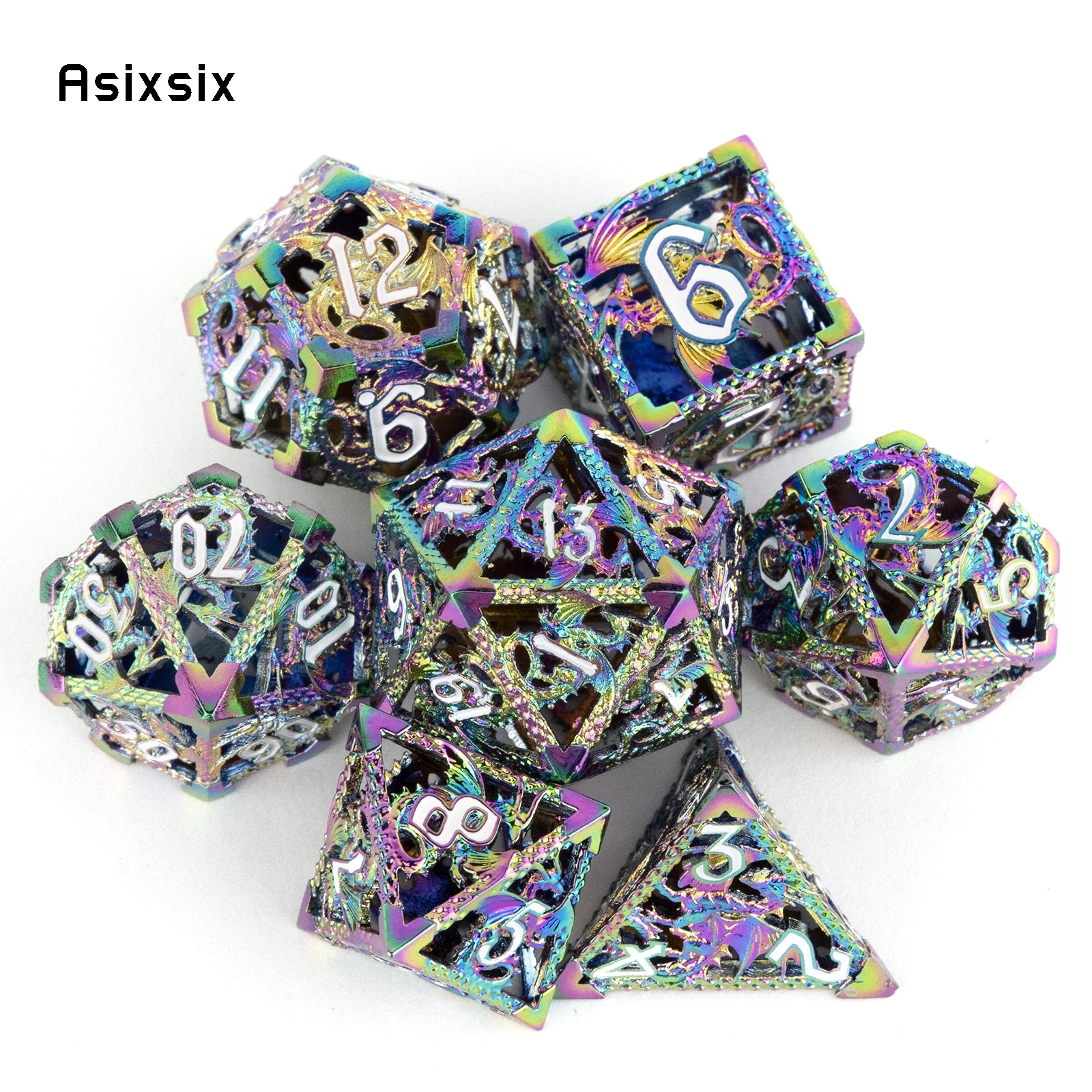 

7 Pcs Colorful Flying Dragon Metal Dice Hollow Metal Polyhedral Dice Set Suitable for Role-Playing RPG Board Game Card Game