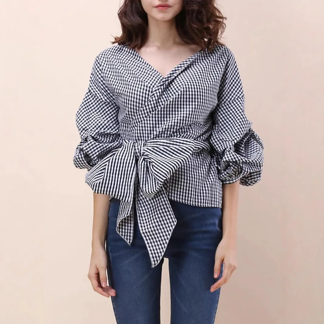 

SuperAen корейский стиль, повседневная винтажная клетчатая рубашка, новинка лета 2025 года, рубашка с v-образным вырезом и перекрестным поясом на талии для женщин, рубашки