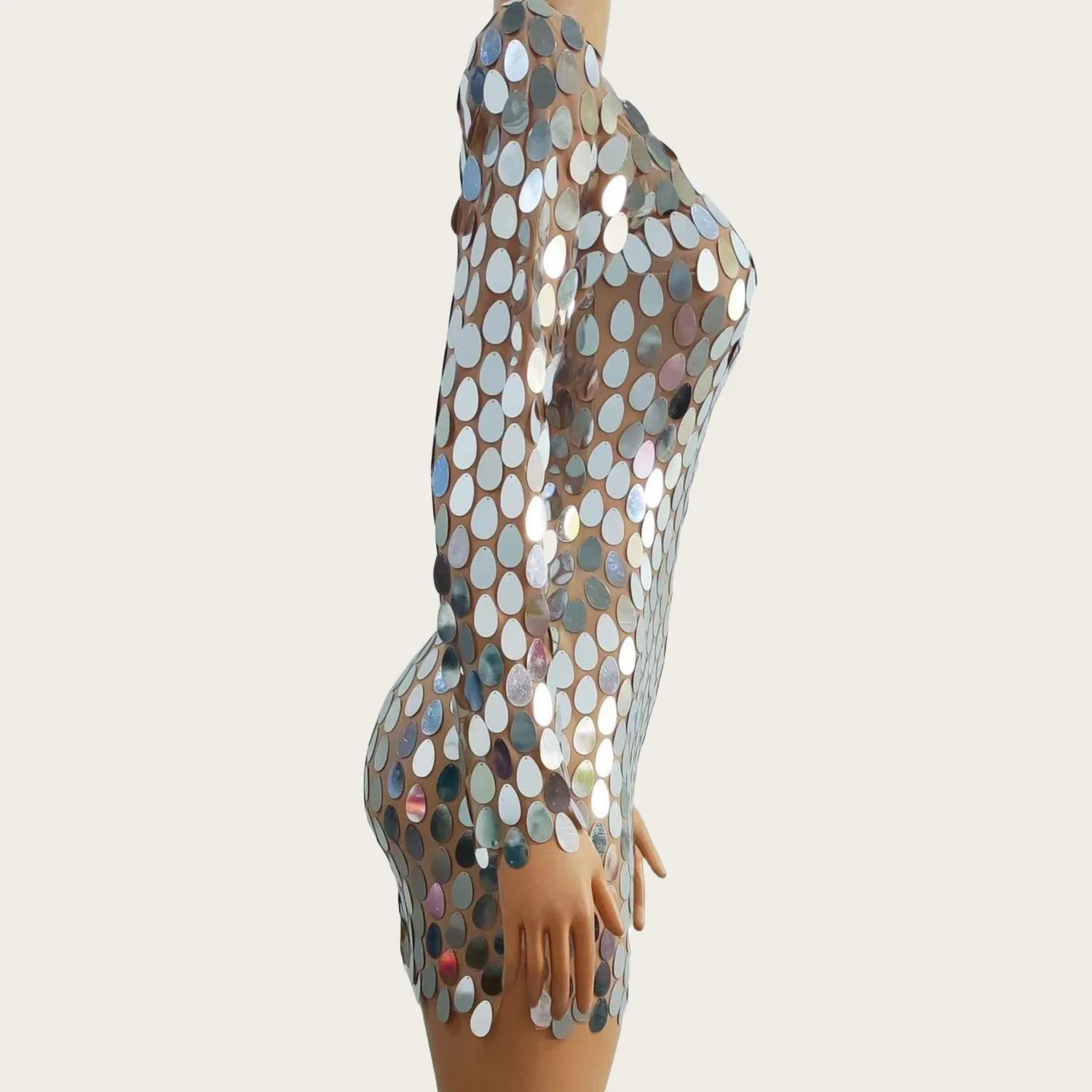 

Tuotuo Sparkly Sequins Silver Tight Fitting Dress Long Sleeved Ultra Short Dress Celebrate Party Outfit Night Club Stage Wear